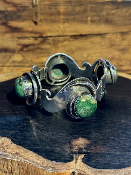LOS BALLESTEROS Vintage 1950's Taxco Mexico Silver & Turquoise Bracelet 26C15 | 92g