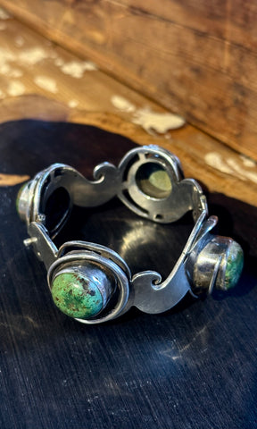 LOS BALLESTEROS Vintage 1950's Taxco Mexico Silver & Turquoise Bracelet 26C15 | 92g