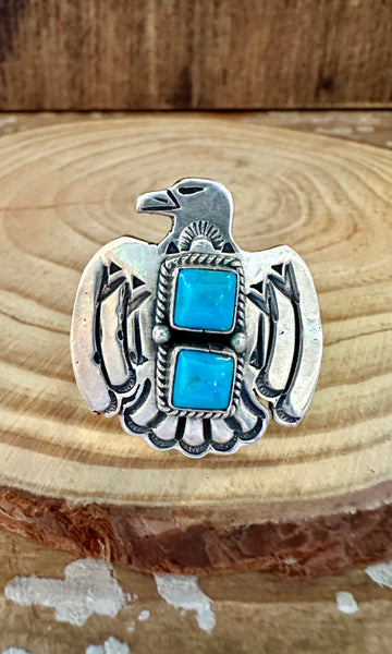 LARGE THUNDERBIRD Running Bear Navajo Turquoise and Sterling Silver Ring • Multiple Sizes