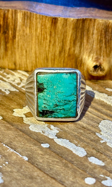 VINTAGE NAVAJO Square Turquoise & Silver Men's Ring 26R47 • Size 12