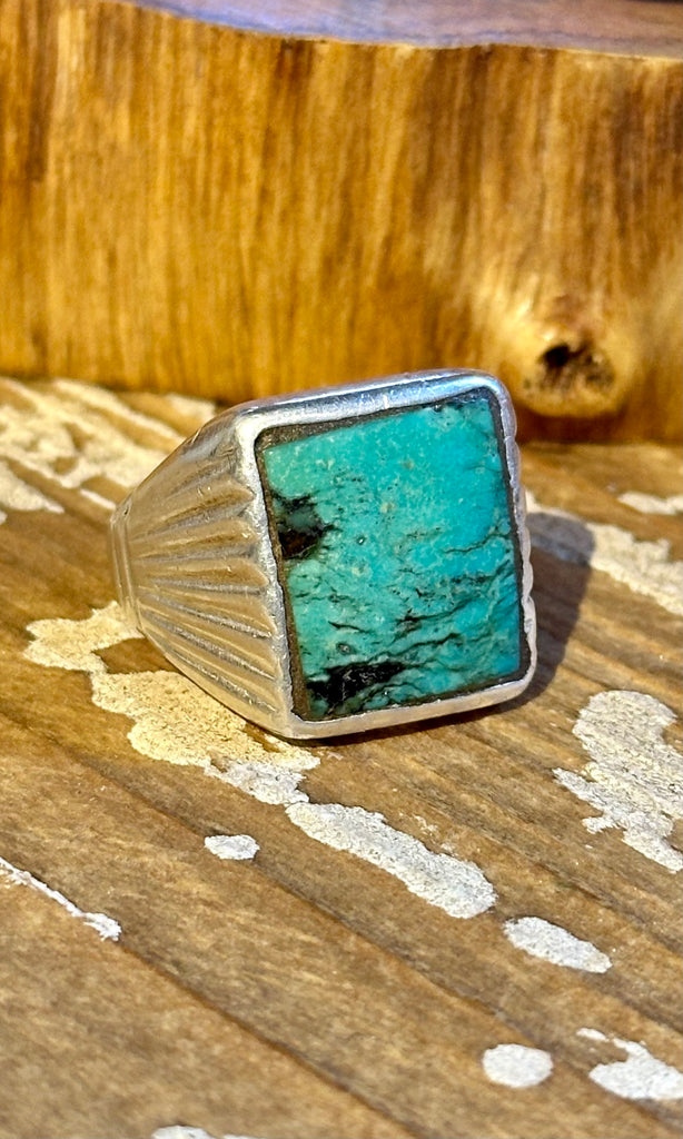 VINTAGE NAVAJO Square Turquoise & Silver Men's Ring 26R47 • Size 12