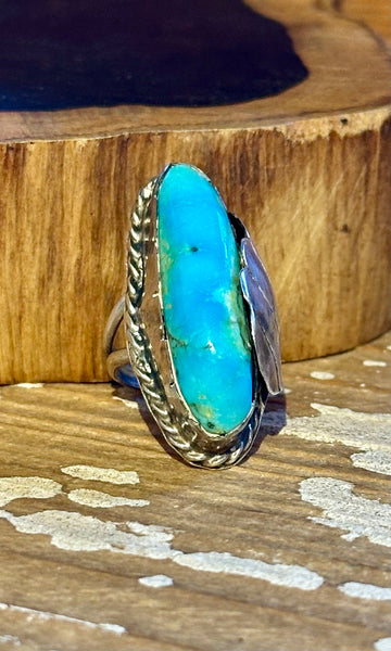 VINTAGE 70's NAVAJO Silver Feather Applique & Turquoise Ring 26R48 • Size 5