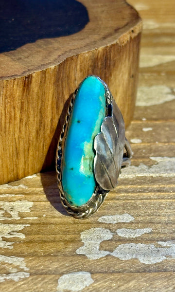 VINTAGE 70's NAVAJO Silver Feather Applique & Turquoise Ring 26R48 • Size 5