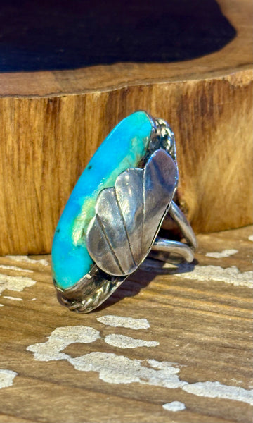 VINTAGE 70's NAVAJO Silver Feather Applique & Turquoise Ring 26R48 • Size 5