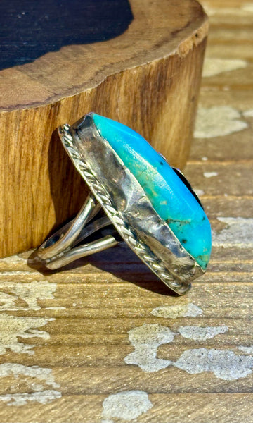 VINTAGE 70's NAVAJO Silver Feather Applique & Turquoise Ring 26R48 • Size 5