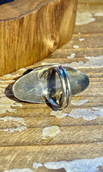 VINTAGE 70's NAVAJO Silver Feather Applique & Turquoise Ring 26R48 • Size 5