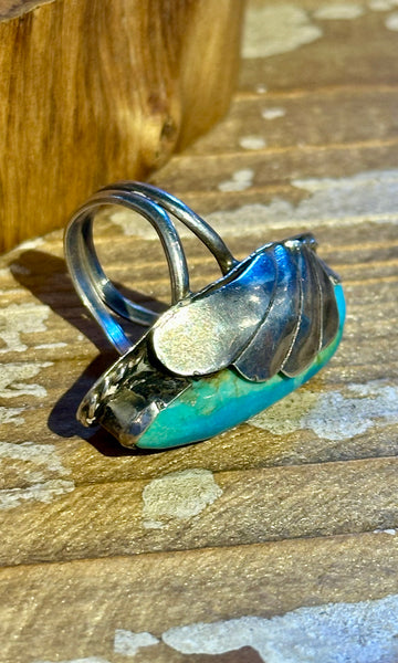 VINTAGE 70's NAVAJO Silver Feather Applique & Turquoise Ring 26R48 • Size 5
