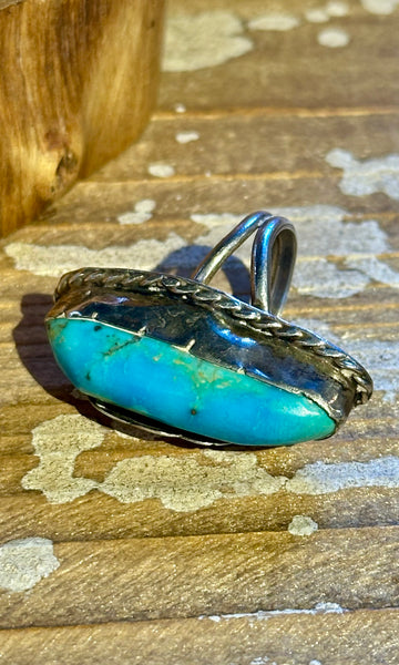 VINTAGE 70's NAVAJO Silver Feather Applique & Turquoise Ring 26R48 • Size 5