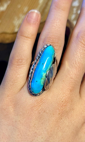 VINTAGE 70's NAVAJO Silver Feather Applique & Turquoise Ring 26R48 • Size 5