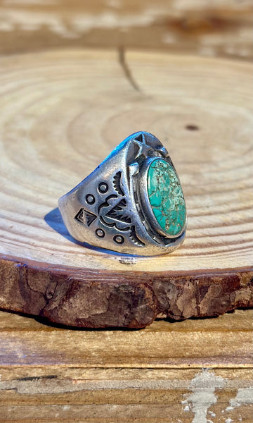 FRED HARVEY Vintage 30s/50s Turquoise & Silver Lucky Horseshoe Ring 26R22 • Size 9 1/4