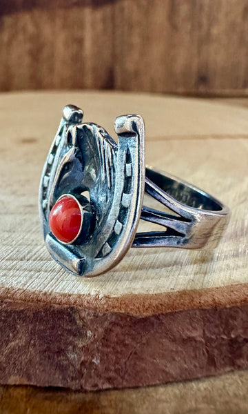 CORAL HORSESHOE ROUNDUP Sterling Silver Ring • Size 8 1/2