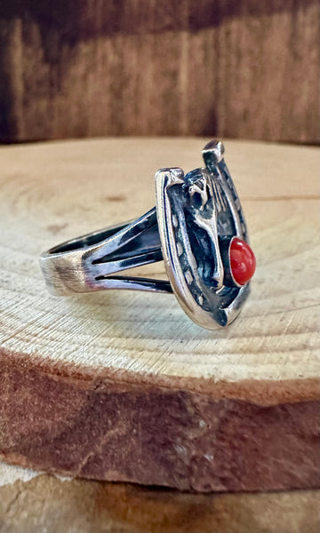 CORAL HORSESHOE ROUNDUP Sterling Silver Ring • Size 8 1/2