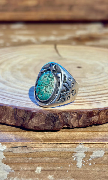 FRED HARVEY Vintage 30s/50s Turquoise & Silver Lucky Horseshoe Ring 26R22 • Size 9 1/4