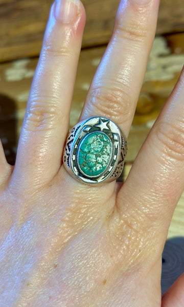 FRED HARVEY Vintage 30s/50s Turquoise & Silver Lucky Horseshoe Ring 26R22 • Size 9 1/4
