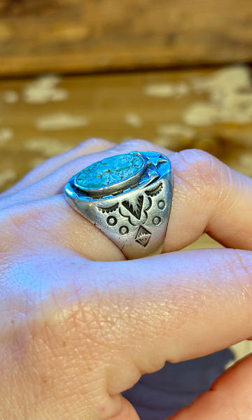 FRED HARVEY Vintage 30s/50s Turquoise & Silver Lucky Horseshoe Ring 26R22 • Size 9 1/4