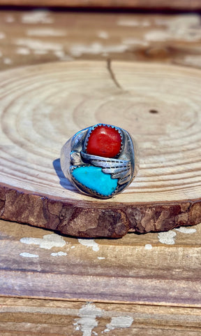 VINTAGE 60s/70s NAVAJO Turquoise & Coral Sterling Silver Men's Ring 26R44 • 11 1/4