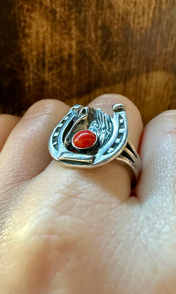 CORAL HORSESHOE ROUNDUP Sterling Silver Ring • Size 8 1/2