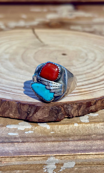 VINTAGE 60s/70s NAVAJO Turquoise & Coral Sterling Silver Men's Ring 26R44 • 11 1/4
