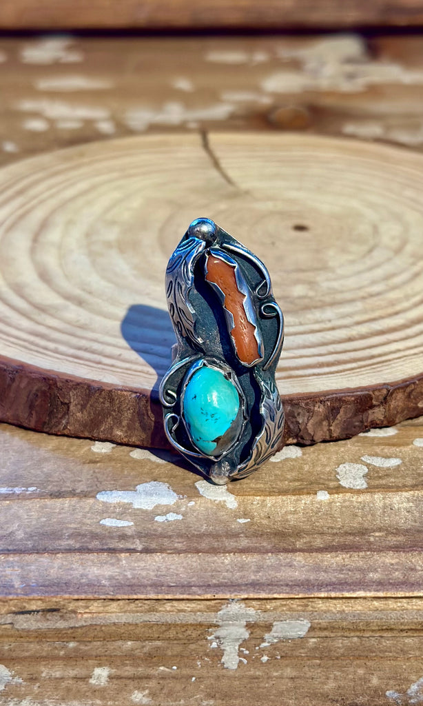 VINTAGE 70's NAVAJO Turquoise & Coral Sterling Silver Ring 26R42 • Size 5