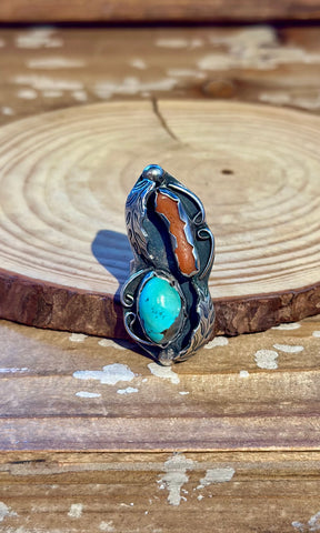 VINTAGE 70's NAVAJO Turquoise & Coral Sterling Silver Ring 26R42 • Size 5