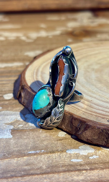 VINTAGE 70's NAVAJO Turquoise & Coral Sterling Silver Ring 26R42 • Size 5