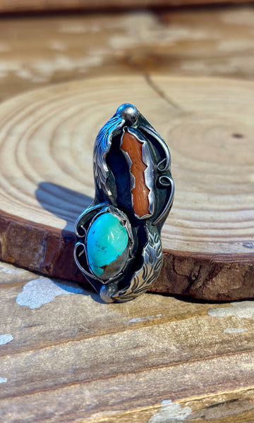 VINTAGE 70's NAVAJO Turquoise & Coral Sterling Silver Ring 26R42 • Size 5