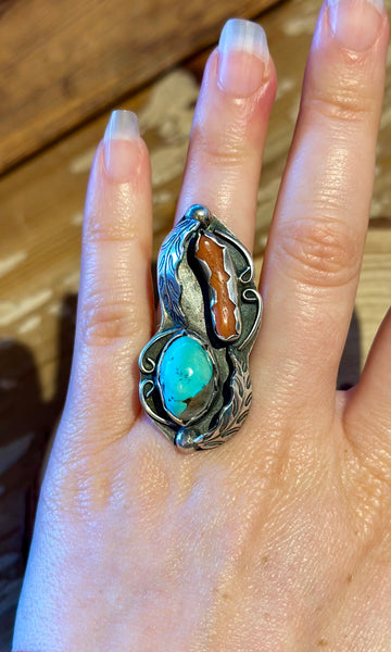 VINTAGE 70's NAVAJO Turquoise & Coral Sterling Silver Ring 26R42 • Size 5