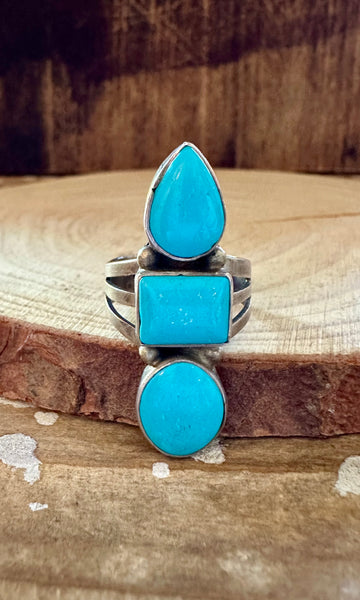 TRIO TURQUOISE SHAPES Sterling Silver Ring • Size 8