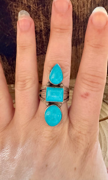 TRIO TURQUOISE SHAPES Sterling Silver Ring • Size 8