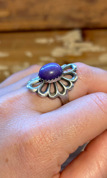 SANDCAST SILVER FLOWER Purple Charoite Navajo Ring 26R57 • Size 7.5