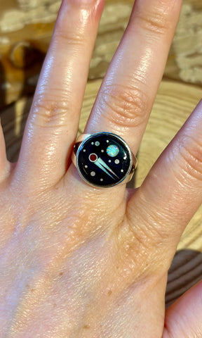 MATTHEW JACK ZUNI Silver Pueblo Night Sky Inlay Ring 26R58 • Sz. 10.5