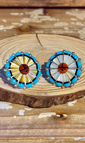 ZUNI SUN FACE Silver Turquoise Coral & Mother of Pearl Inlay Ring 26R62 • Sizes 7 1/4, 10