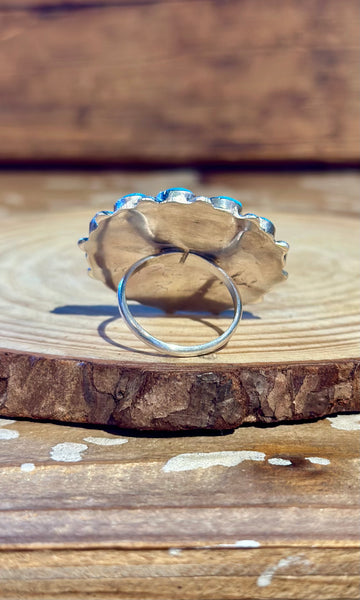 ZUNI SUN FACE Silver Turquoise Coral & Mother of Pearl Inlay Ring 26R62 • Sizes 7 1/4, 10