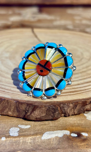 ZUNI SUN FACE Silver Turquoise Coral & Mother of Pearl Inlay Ring 26R62 • Sizes 7 1/4, 10