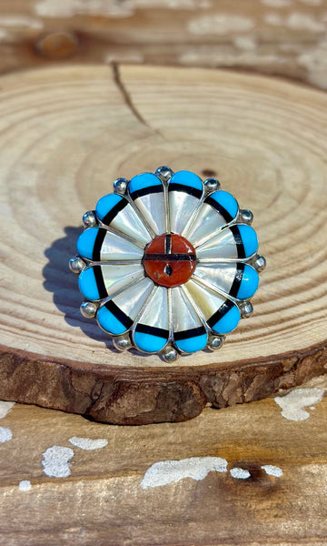 ZUNI SUN FACE Silver Turquoise Coral & Mother of Pearl Inlay Ring 26R62 • Sizes 7 1/4, 10