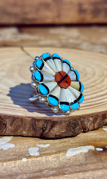 ZUNI SUN FACE Silver Turquoise Coral & Mother of Pearl Inlay Ring 26R62 • Sizes 7 1/4, 10