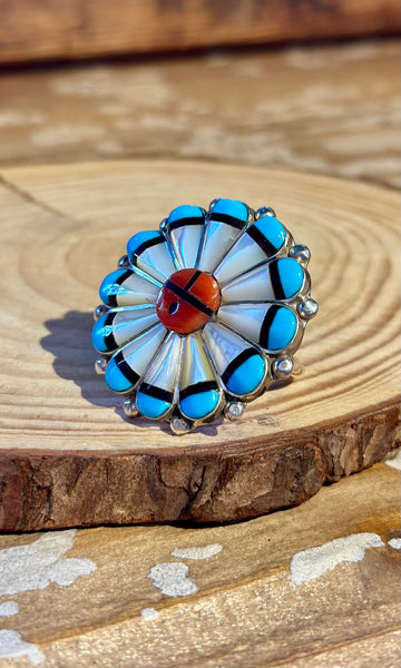 ZUNI SUN FACE Silver Turquoise Coral & Mother of Pearl Inlay Ring 26R62 • Sizes 7 1/4, 10