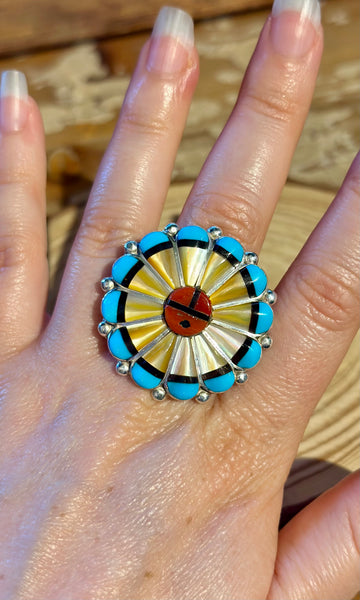 ZUNI SUN FACE Silver Turquoise Coral & Mother of Pearl Inlay Ring 26R62 • Sizes 7 1/4, 10