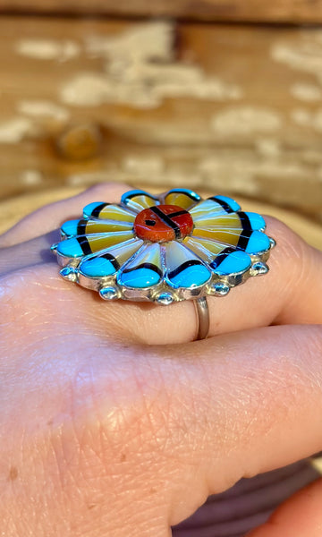 ZUNI SUN FACE Silver Turquoise Coral & Mother of Pearl Inlay Ring 26R62 • Sizes 7 1/4, 10