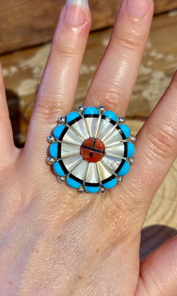 ZUNI SUN FACE Silver Turquoise Coral & Mother of Pearl Inlay Ring 26R62 • Sizes 7 1/4, 10