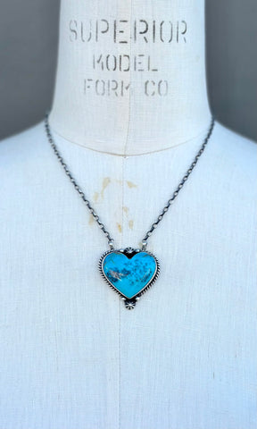 JOHNNY DIXON Navajo Silver & Kingman Turquoise Heart Necklace 26N10