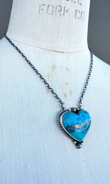 JOHNNY DIXON Navajo Silver & Kingman Turquoise Heart Necklace