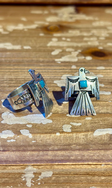 JOE DELGARITO NAVAJO Running Bear Turquoise and Silver Thunderbird Ring 26R55 • Multiple Sizes