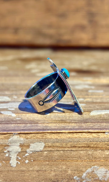 JOE DELGARITO NAVAJO Running Bear Turquoise and Silver Thunderbird Ring 26R55 • Multiple Sizes