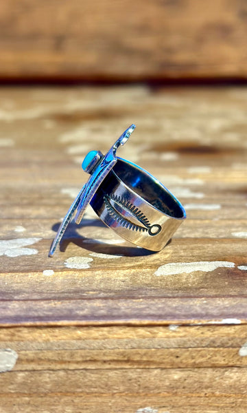 JOE DELGARITO NAVAJO Running Bear Turquoise and Silver Thunderbird Ring 26R55 • Multiple Sizes