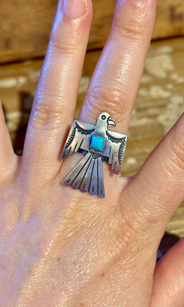 JOE DELGARITO NAVAJO Running Bear Turquoise and Silver Thunderbird Ring 26R55 • Multiple Sizes