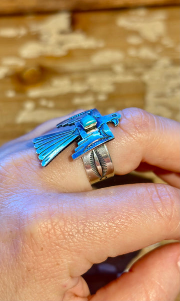 JOE DELGARITO NAVAJO Running Bear Turquoise and Silver Thunderbird Ring 26R55 • Multiple Sizes