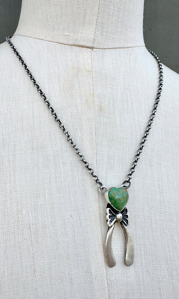 TOADLENA NAVAJO HEART & Bow Silver and Turquoise Necklace 26N06