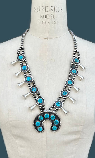 NAVAJO SQUASH BLOSSOM Turquoise & Sterling Silver Necklace