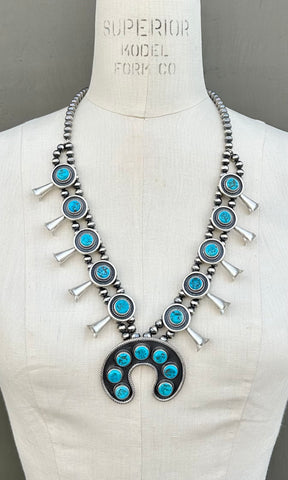 NAVAJO SQUASH BLOSSOM Turquoise & Sterling Silver Necklace 26N04